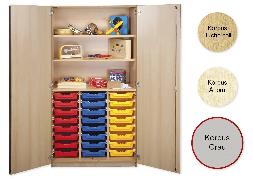 Material-Hochschrank L, Plustiefe, 3 Fachböden, 24 Schubladen L