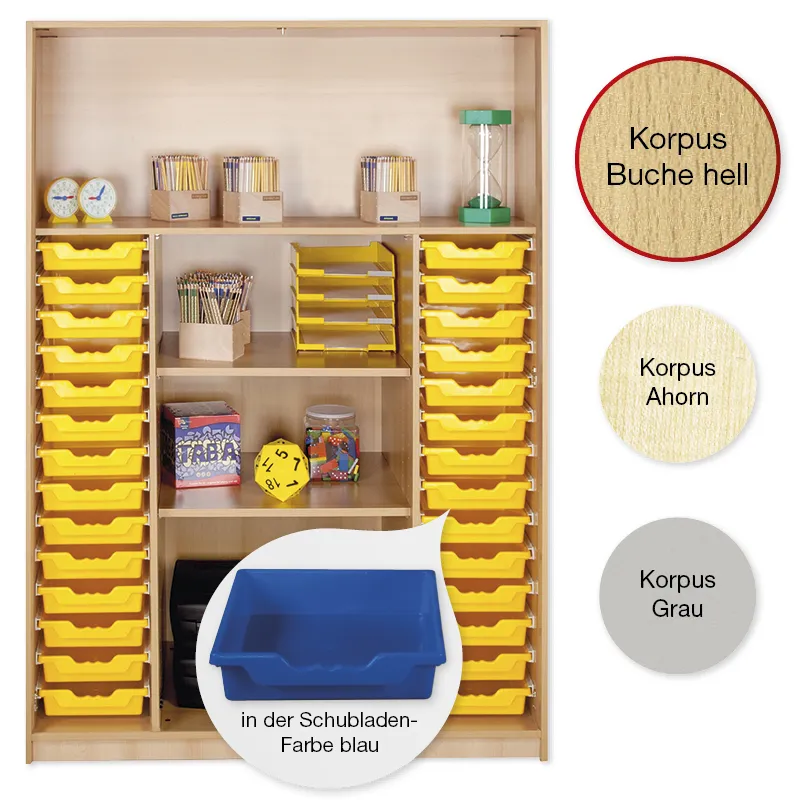 Material-Hochschrank-Regal XL, Plustiefe, 4 Fachböden, 28 Schubladen L