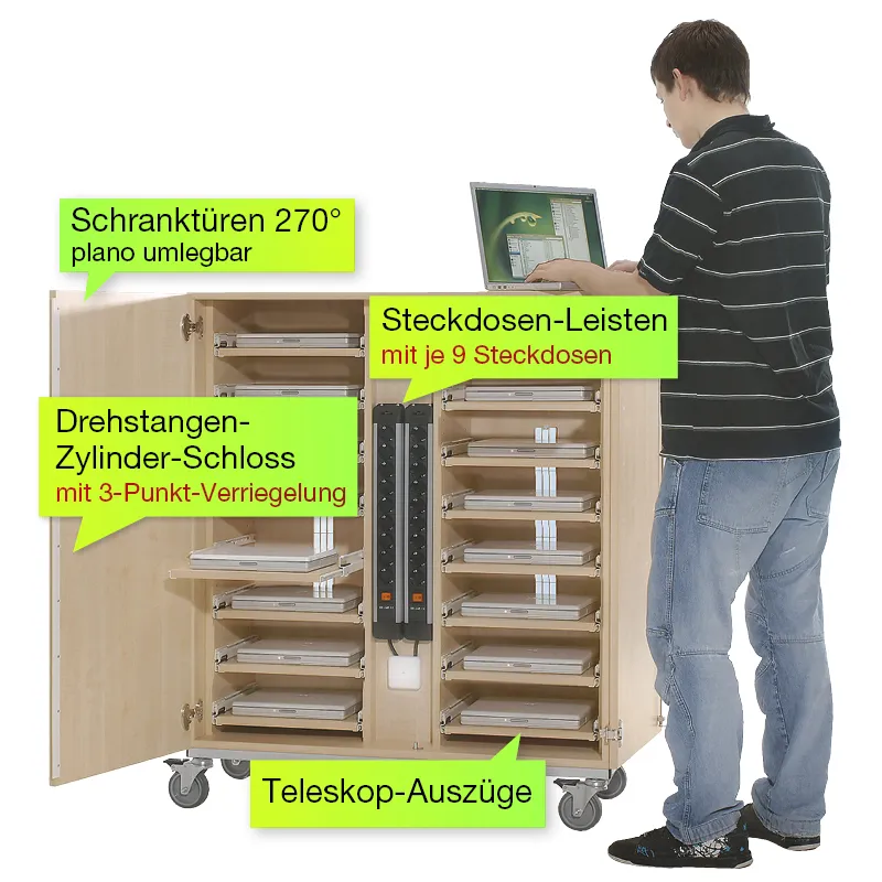 Laptop- und Tablet-Rollschrank, 16 Auszüge