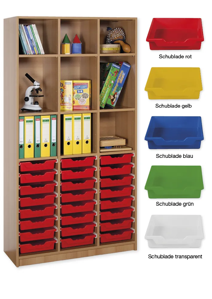 Material-Hochschrank-Regal L, Basistiefe, 9 Fachböden, 24 Schubladen L