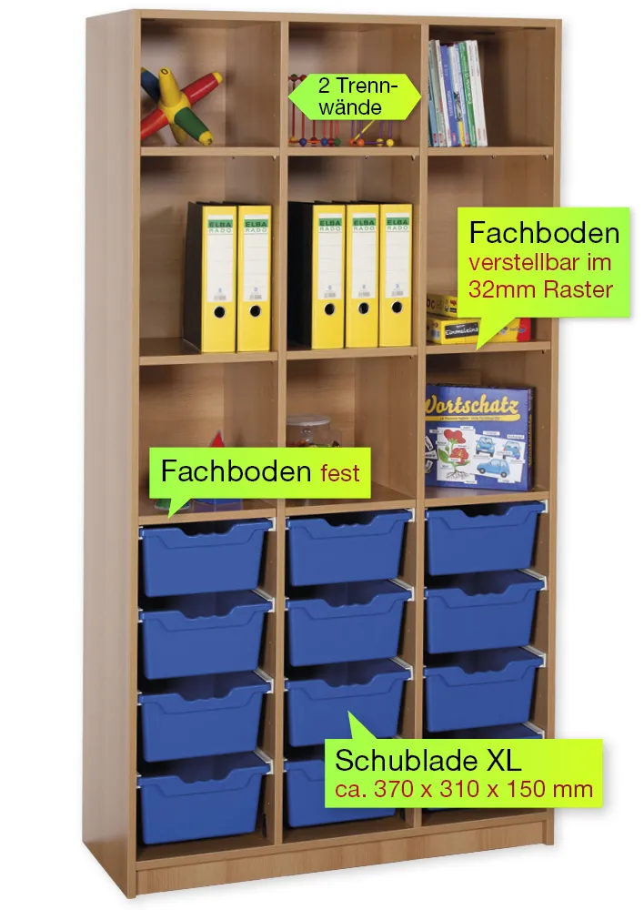Material-Hochschrank-Regal L, Basistiefe, 9 Fachböden, 12 Schubladen XL