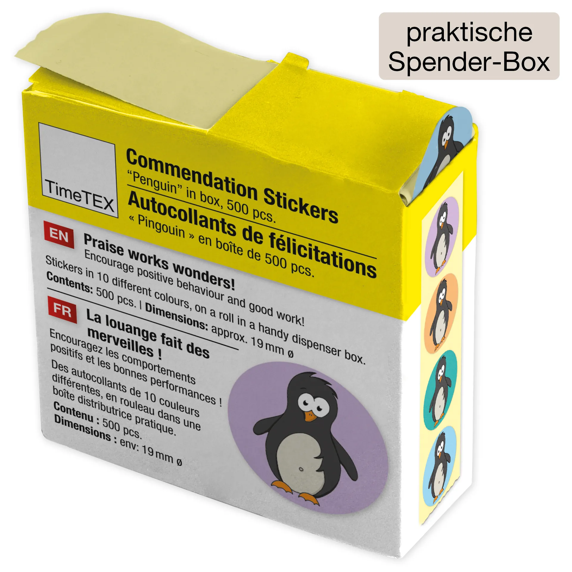 Beloningsstickers "pinguin" in dispenser, 500 stuks