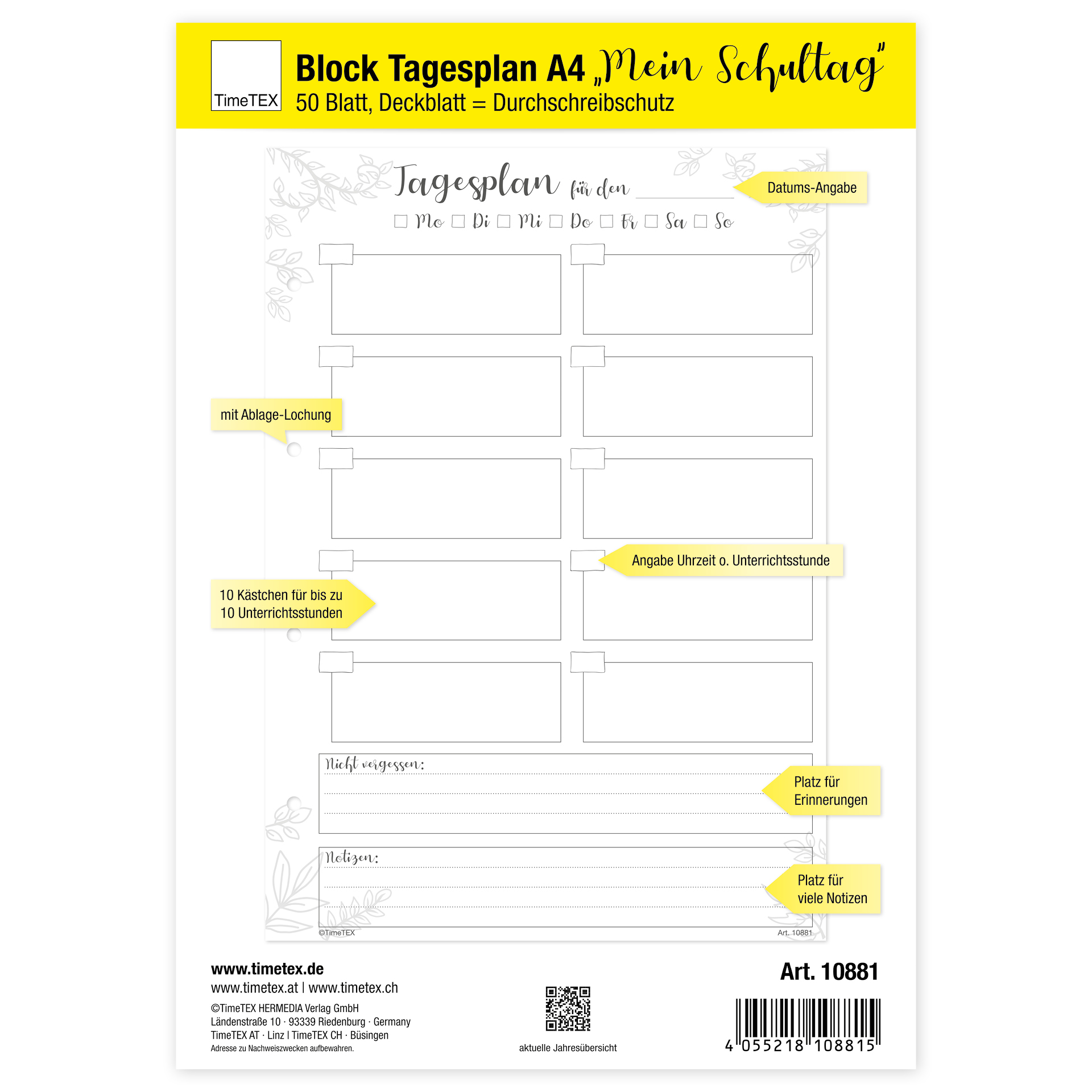 TimeTEX Block Tagesplan A4 "Mein Schultag", 50 Blatt