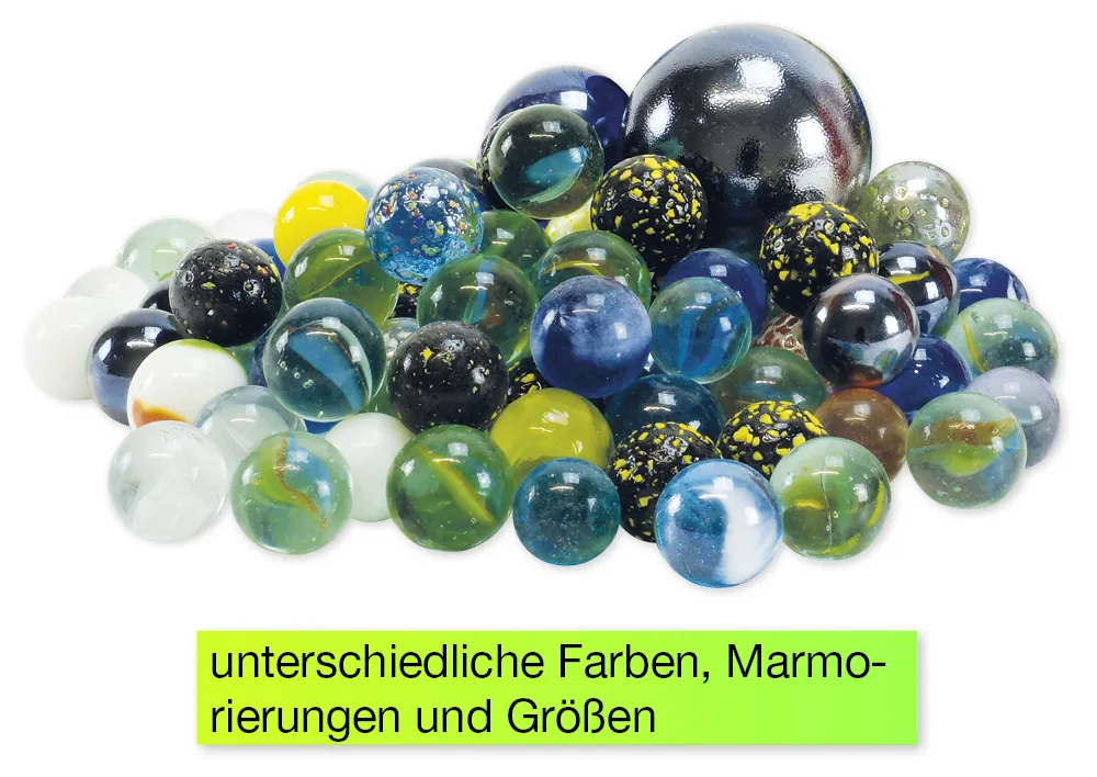 Glas-Murmeln "Faszination" in Box, 144 Stück, ca. 16 mm ø