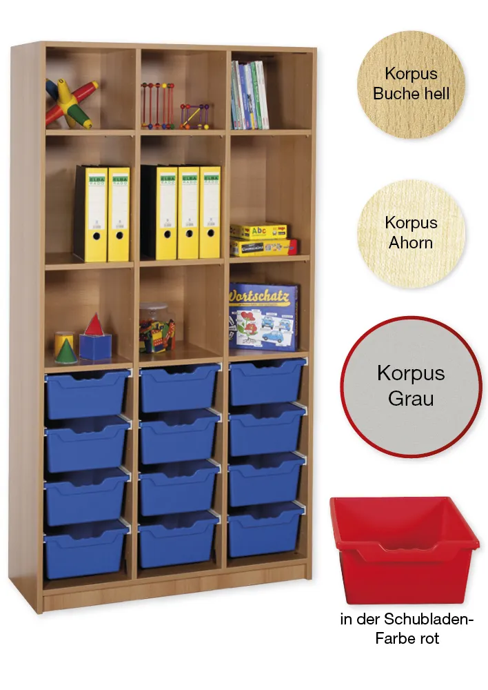 Material-Hochschrank-Regal L, Basistiefe, 9 Fachböden, 12 Schubladen XL