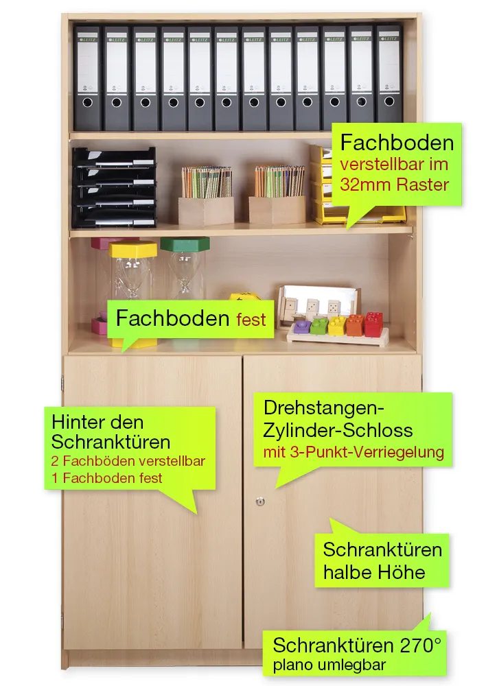 Material-Kombi-Hochschrank-Regal L, Plustiefe, 6 Fachböden