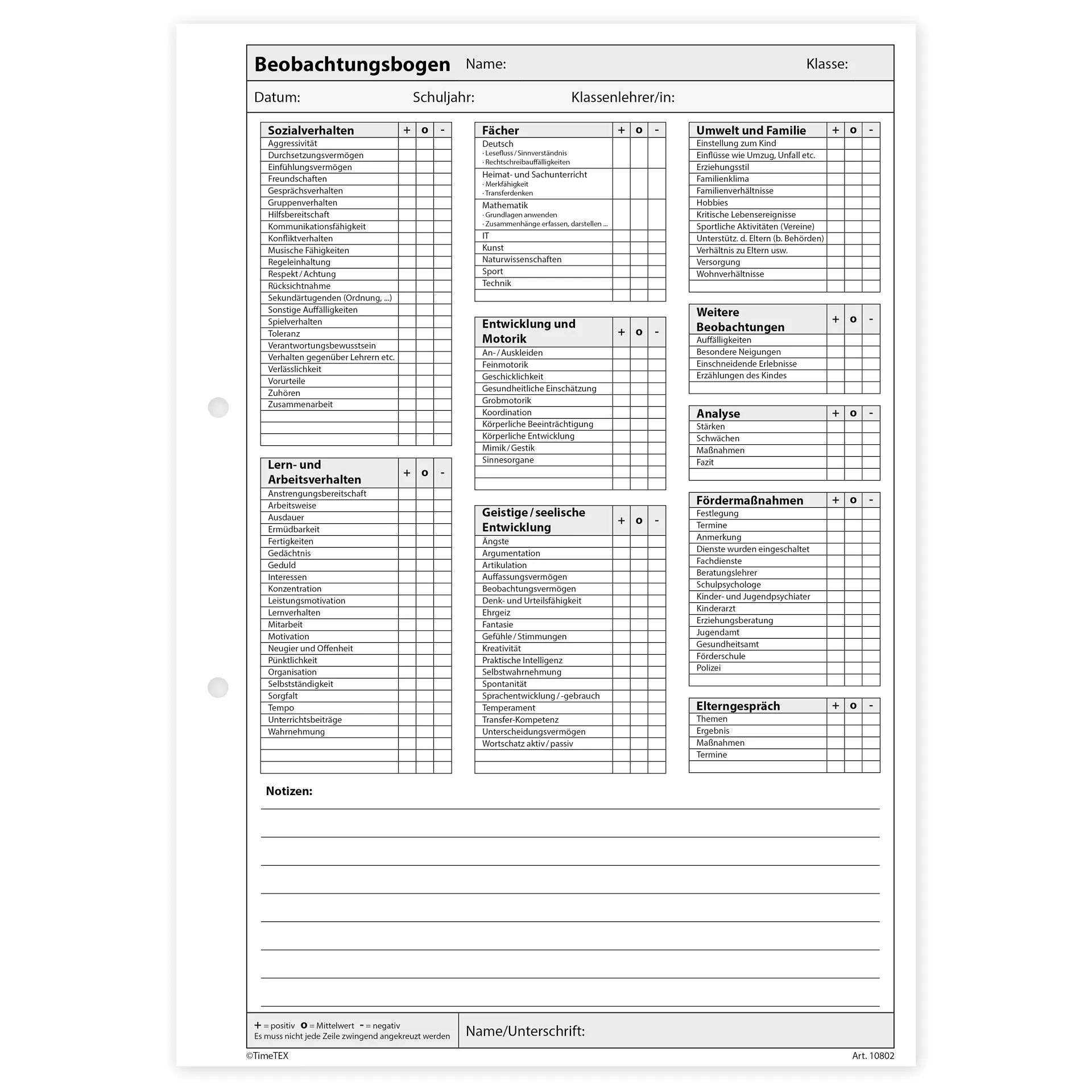 TimeTEX Block Schüler-Beobachtung A4, 30 Blatt mit Durchschlag