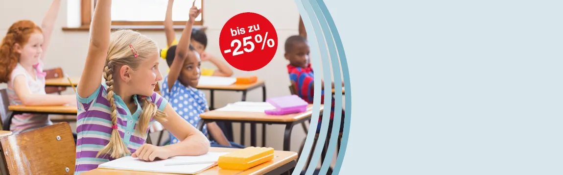 Kinder melden sich im Unterricht, Hinweis oben rechts "bis zu 25% Rabatt"