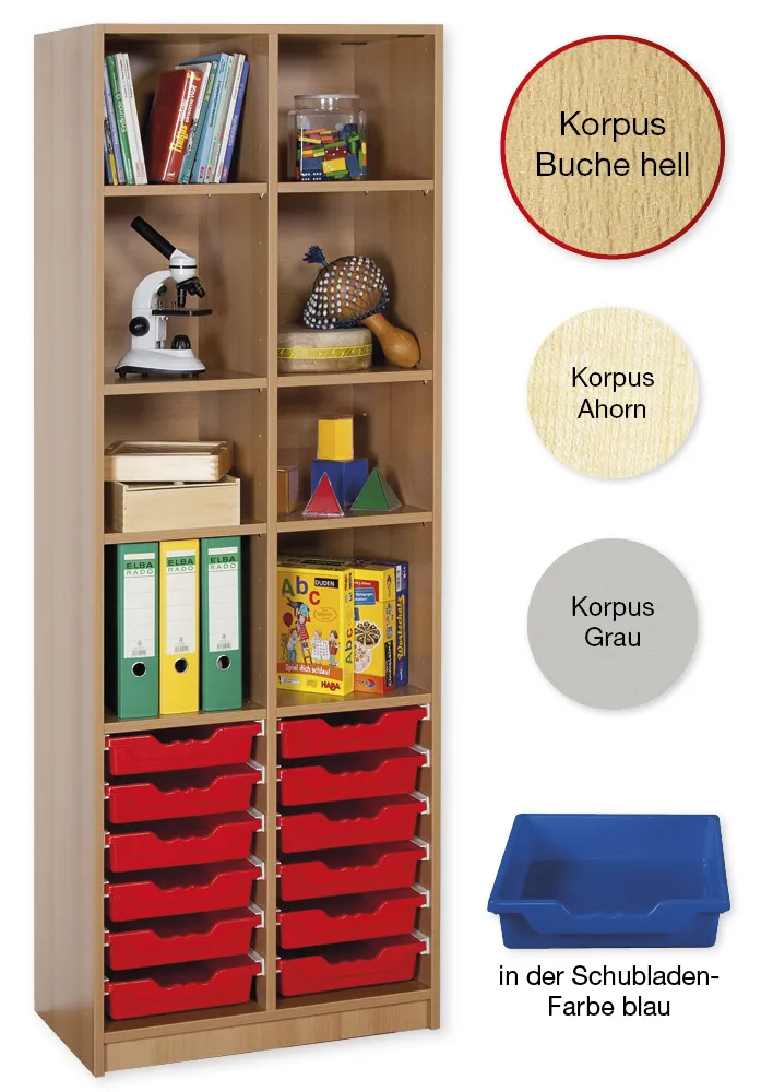 Material-Hochschrank-Regal S, Basistiefe, 8 Fachböden, 12 Schubladen L