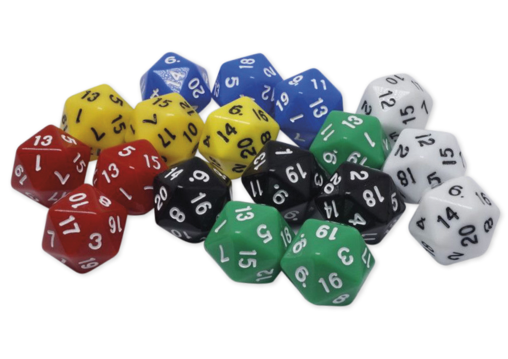 Sæt med terninger tyvesidet 1-20, 75 stykker, 24 mm
