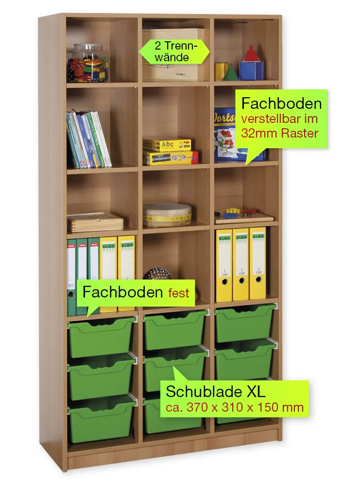 Material-Hochschrank-Regal L, Basistiefe, 12 Fachböden, 9 Schubladen XL