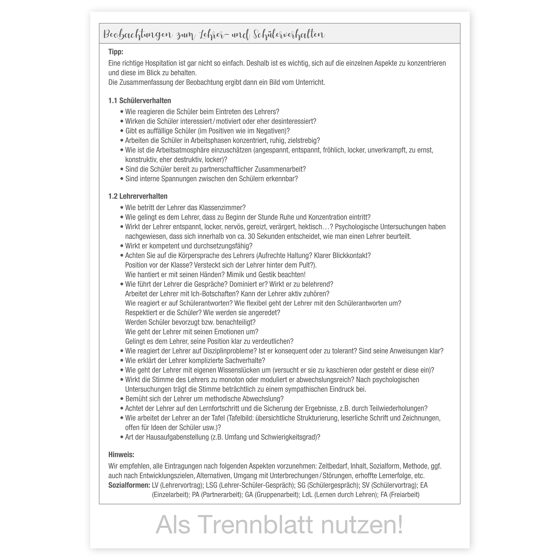 Block Unterrichts-Besuche A4 "Meine Hospitation", 50 Blatt