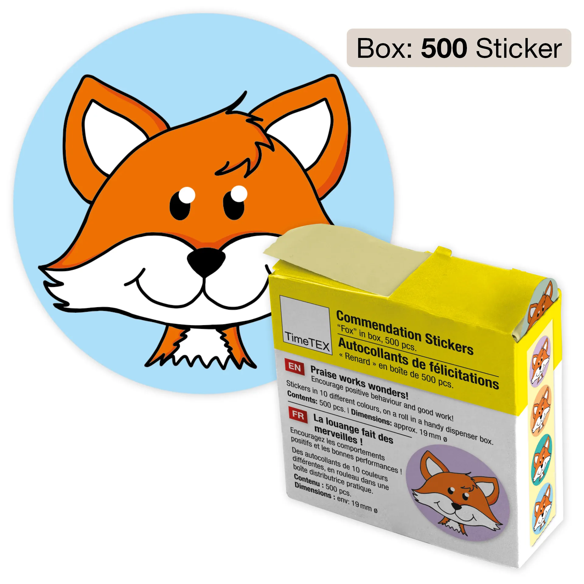 Naklejki okolicznościowe „Lis” w pudełku z dozownikiem, 500 szt.