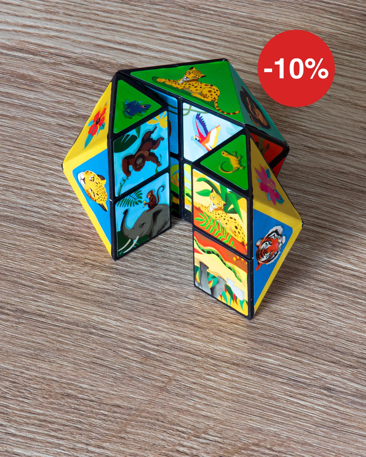Faltbares Würfel-Puzzlespiel mit bunten Dschungel-Tiermotiven