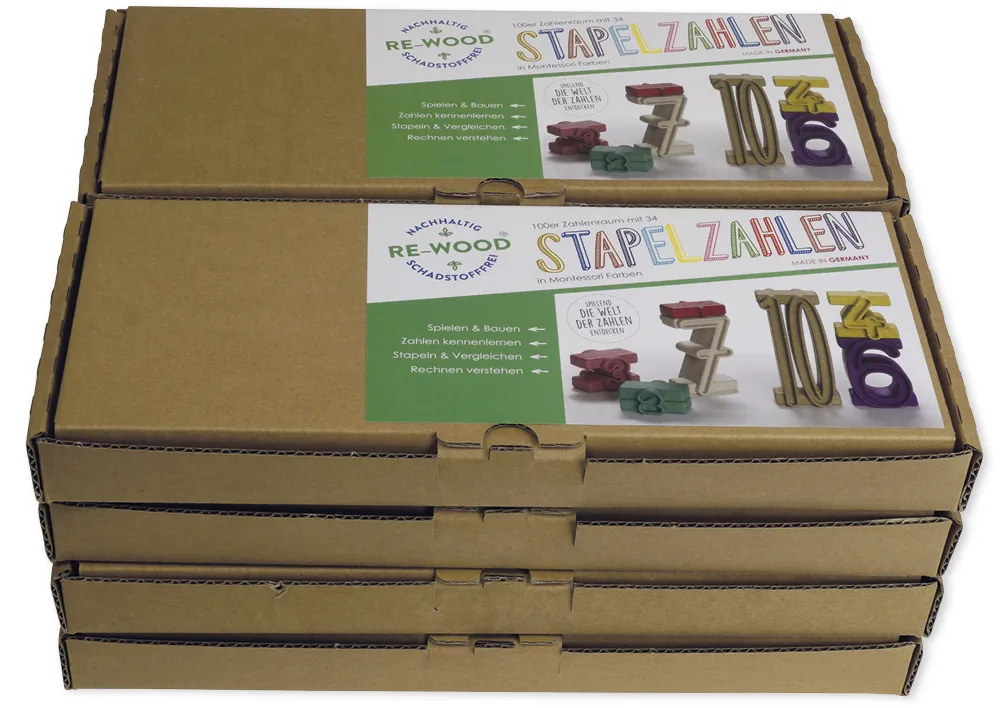 Klassensatz Stapel-Zahlen Montessori-Farben, 8-tlg., in Stapel-Box "Montessori Premium"