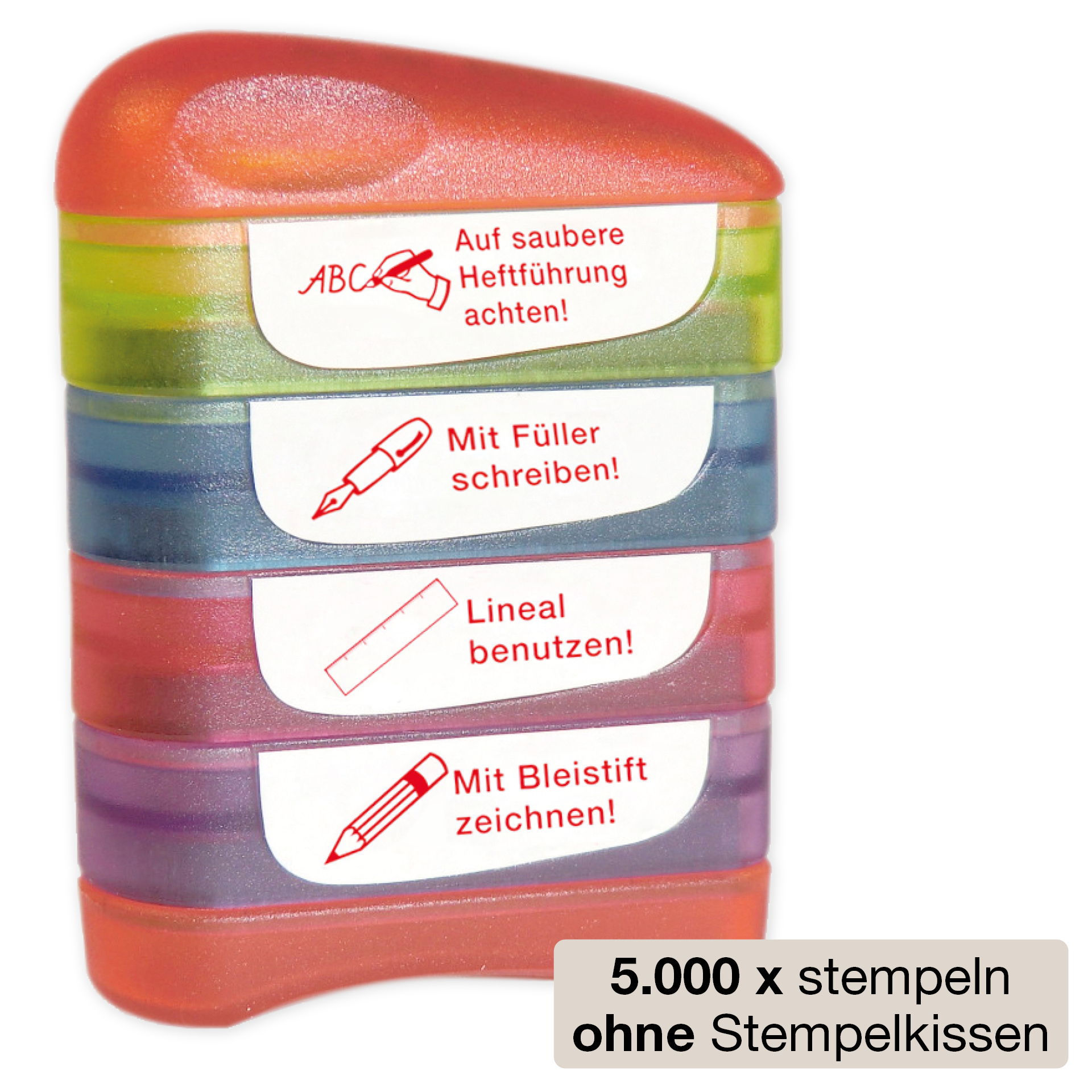 Tryckdynas stämpel "Perpetuum", 4 i 1, "Auf saubere Heftführung..."
