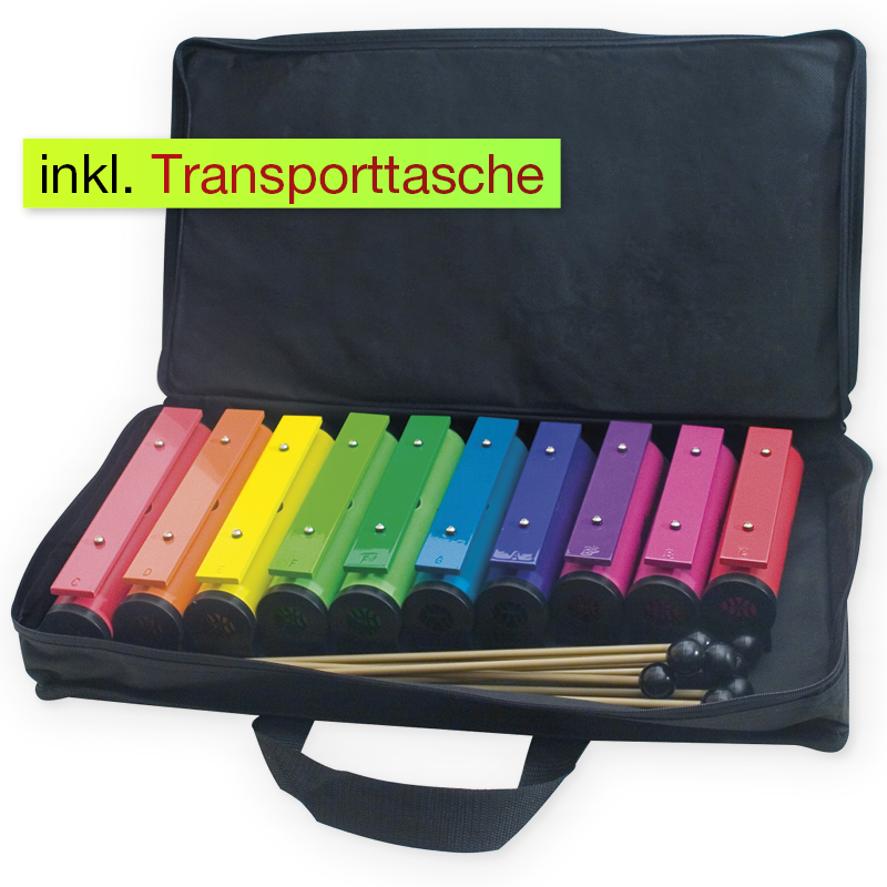 Klankstaven, regenboogkleuren, 10 stuks met klopper in tas, 10-delige set