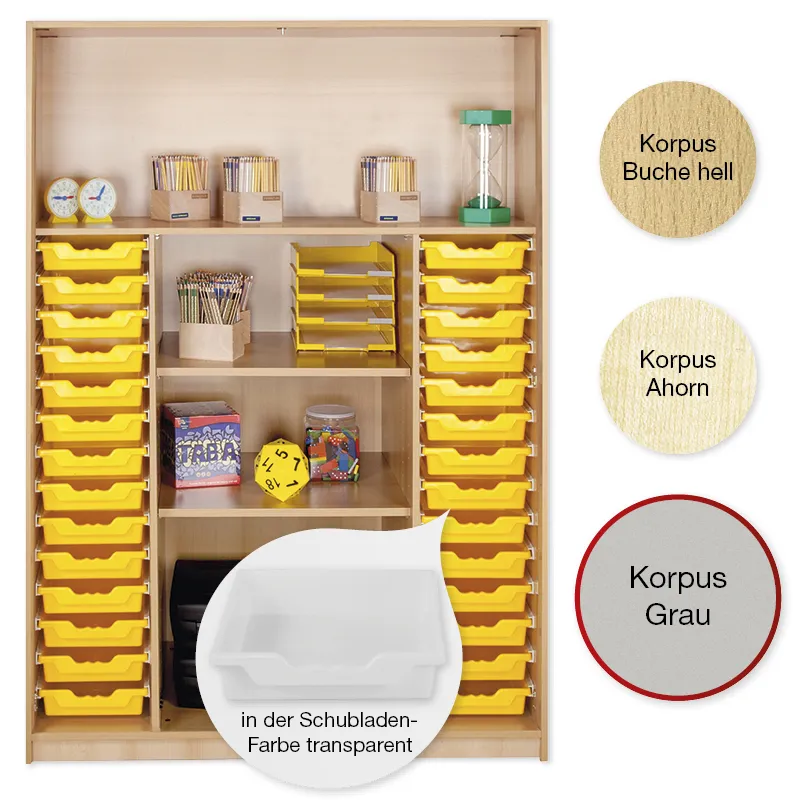 Material-Hochschrank-Regal XL, Plustiefe, 4 Fachböden, 28 Schubladen L