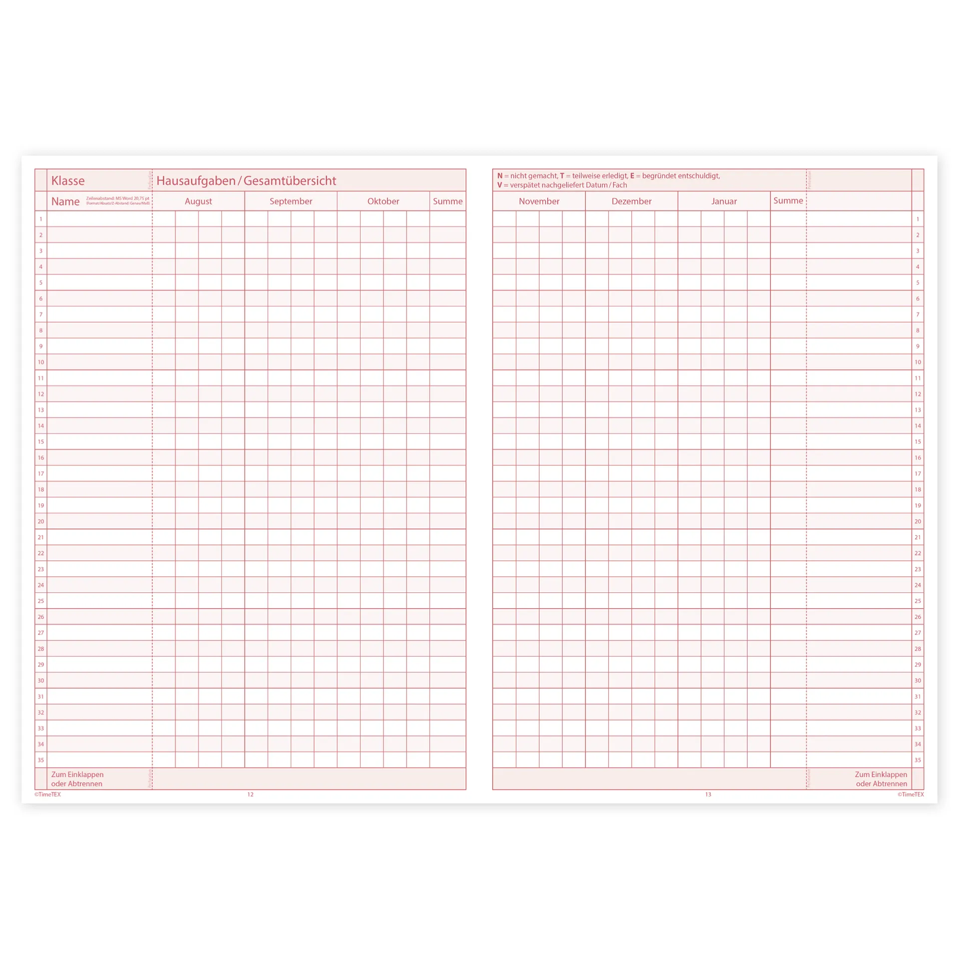 TimeTEX Klassen-Checklisten, A4 TimeTEX Klassen-Checklisten, A4