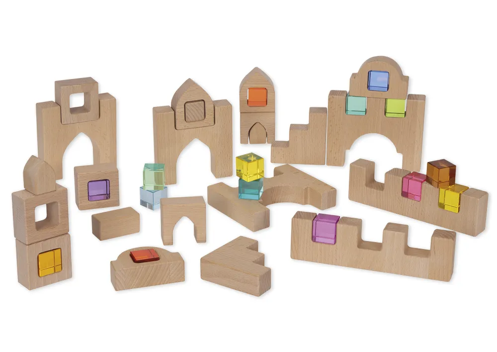 Kist met houten bouwstenen "Mijn Regenboogstad", 24-delig