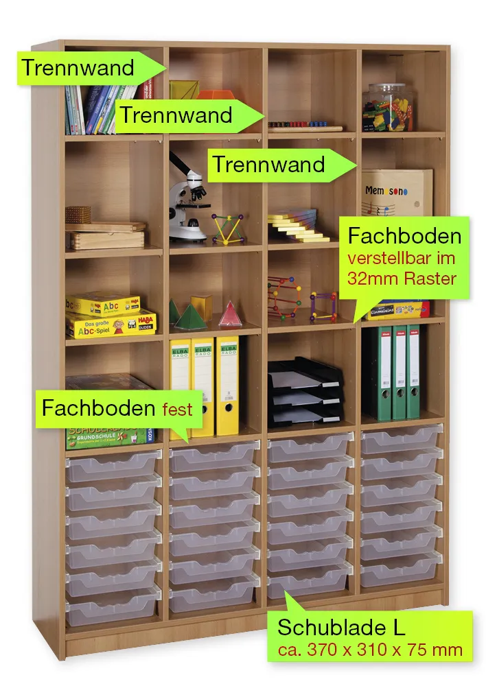 Material-Hochschrank-Regal XL, Basistiefe, 16 Fachböden, 24 Schubladen L