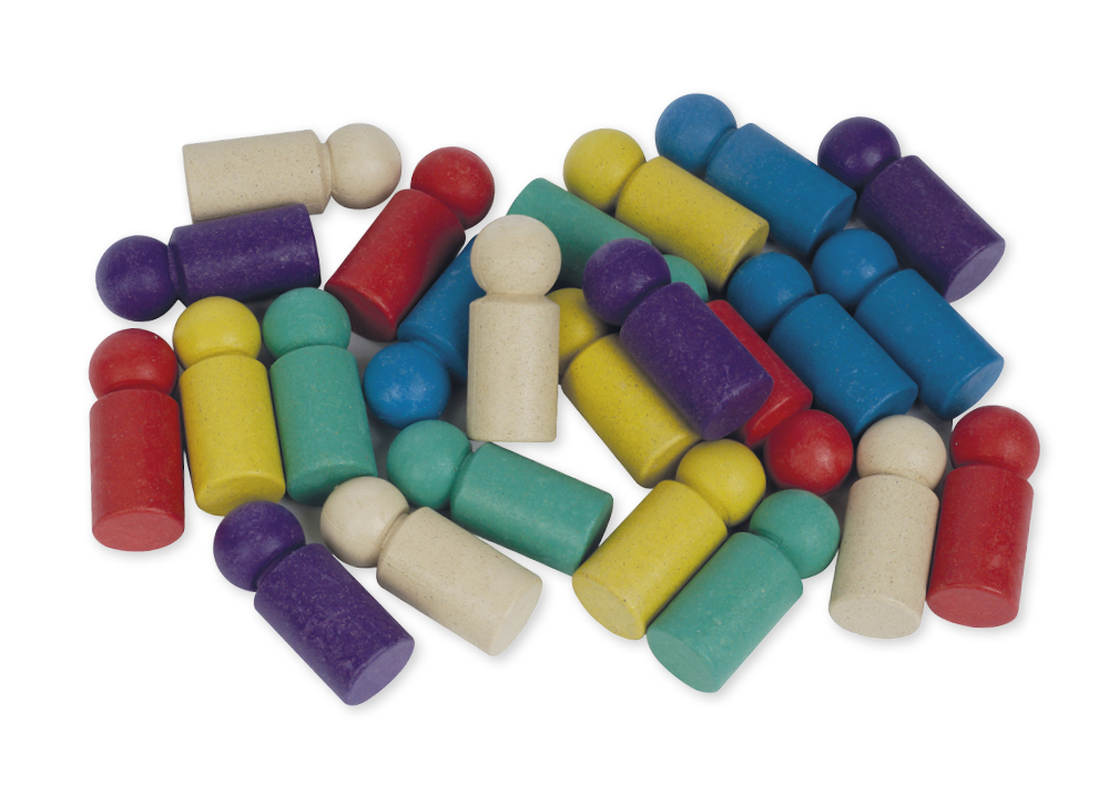 Satz Spielfiguren aus RE-Wood, farbig sortiert, 45 mm, 24 Stück