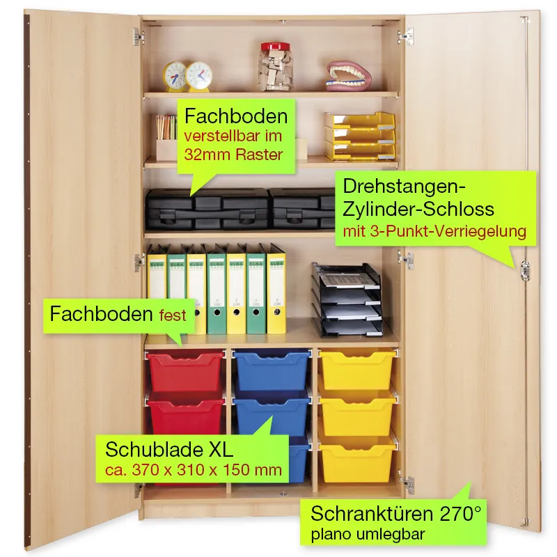 Material-Hochschrank L, Plustiefe, 4 Fachböden, 9 Schubladen XL