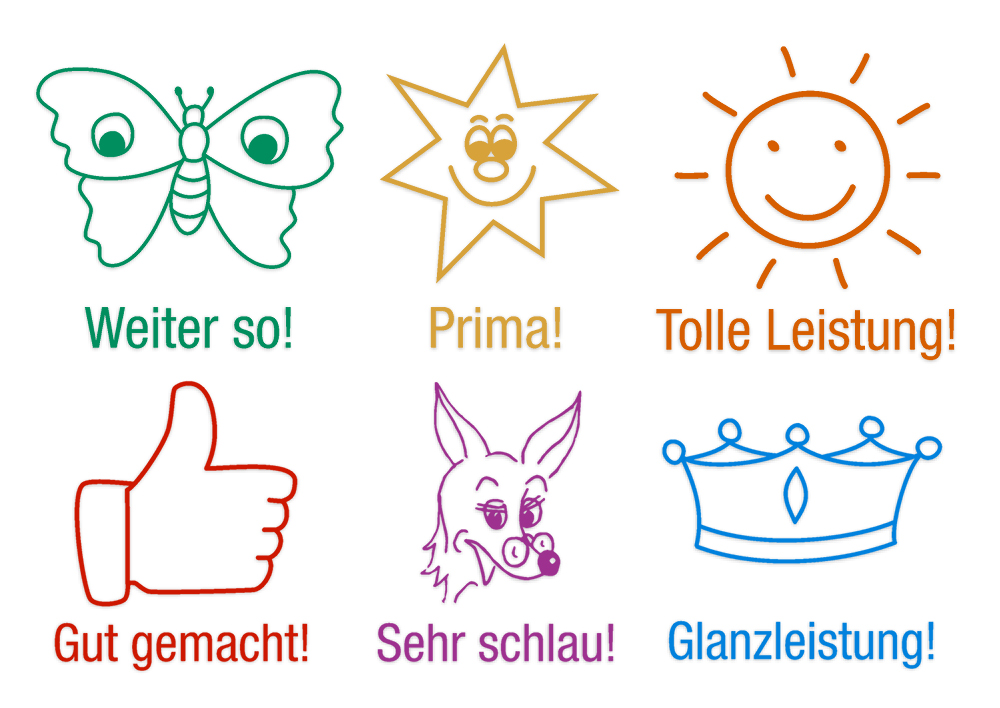 Lärarstämpel träset 6 delar "Ansporn", research färger