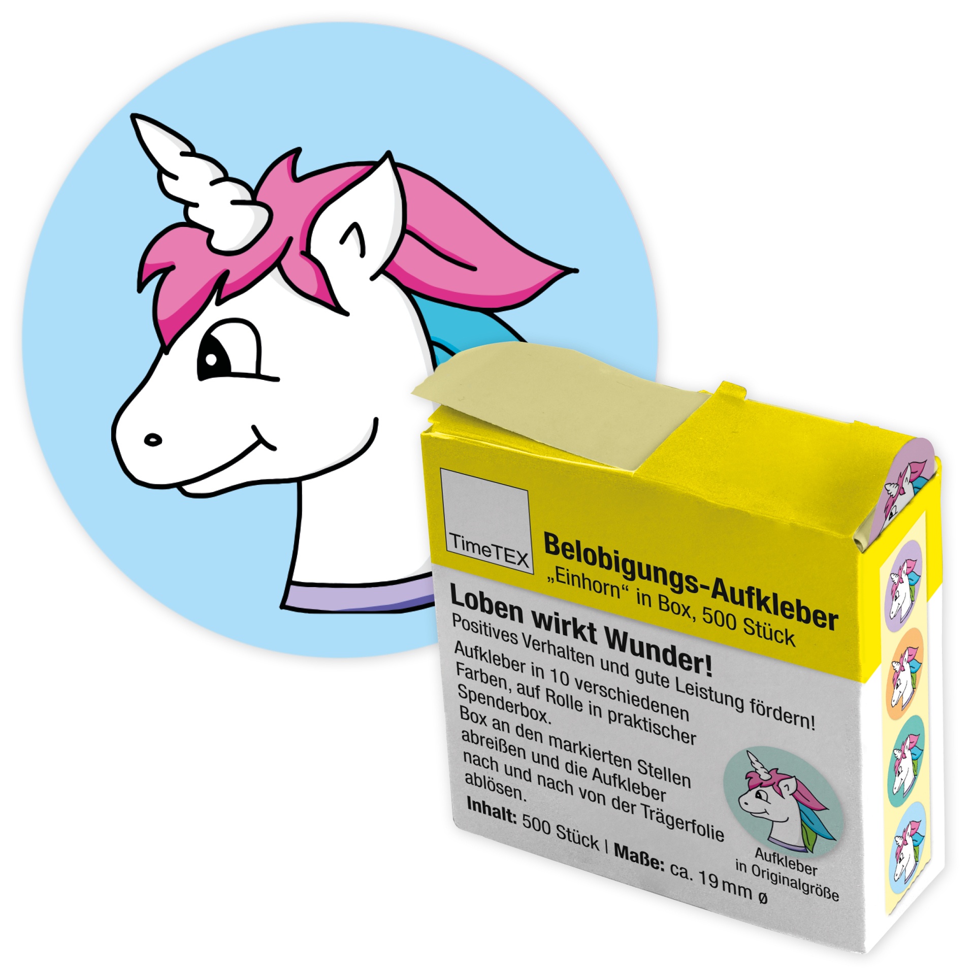 TimeTEX Belobigungs-Aufkleber "Einhorn" in Spender-Box, 500 Stück