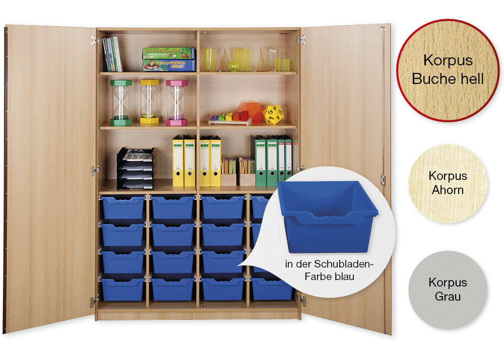 Material-Hochschrank XXL, Plustiefe, 6 Fachböden, 16 Schubladen XL