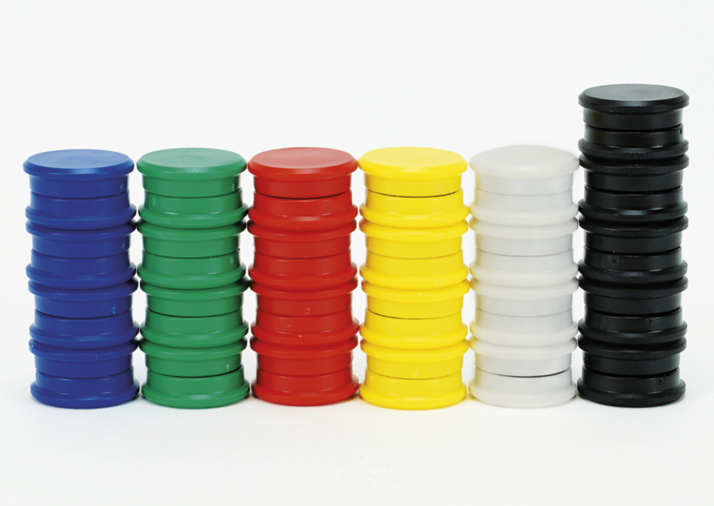 Set med självhäftande magneter i olika färger, 24 mm ø, 50 st.