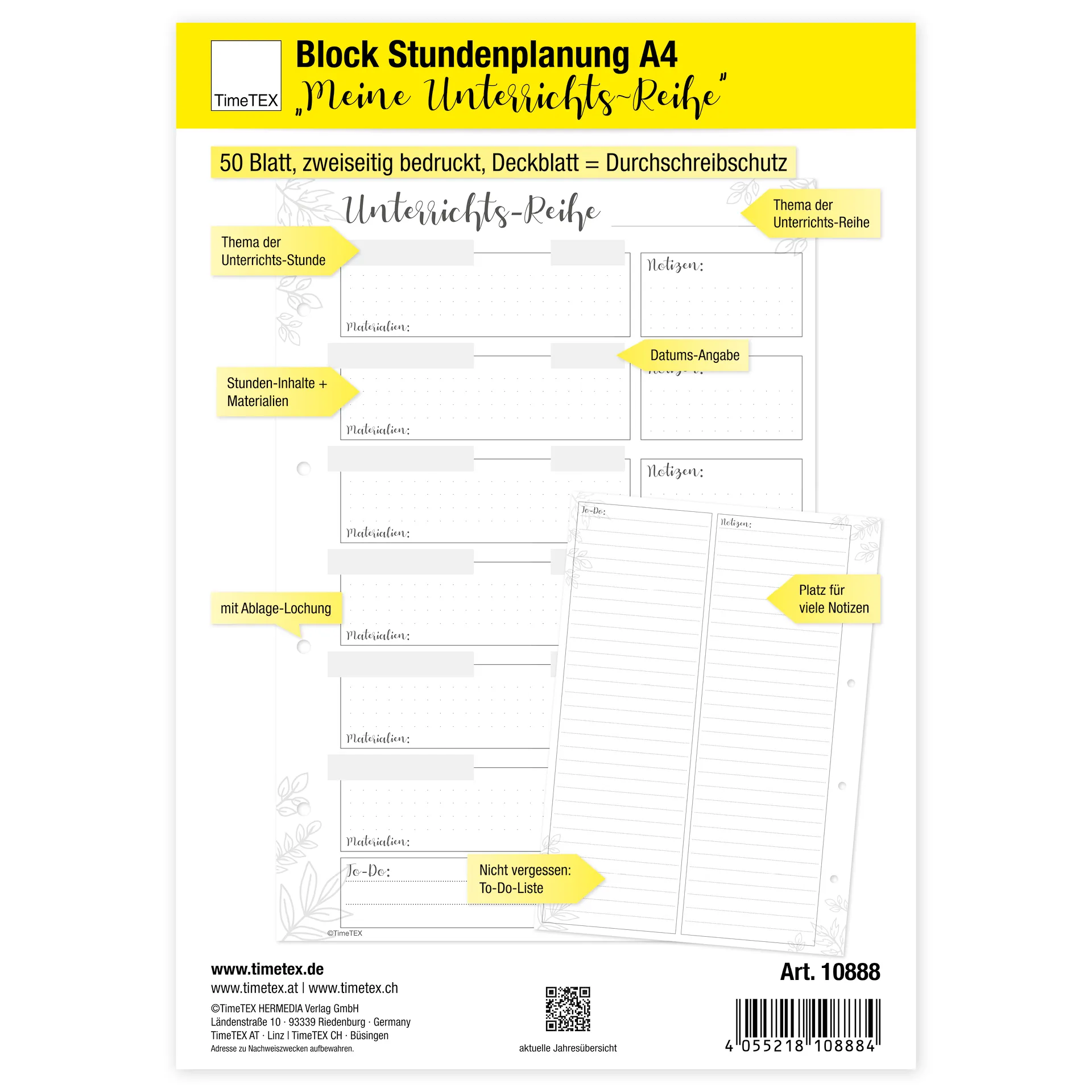 Block Stundenplanung A4 "Meine Unterrichts-Reihe", 50 Blatt