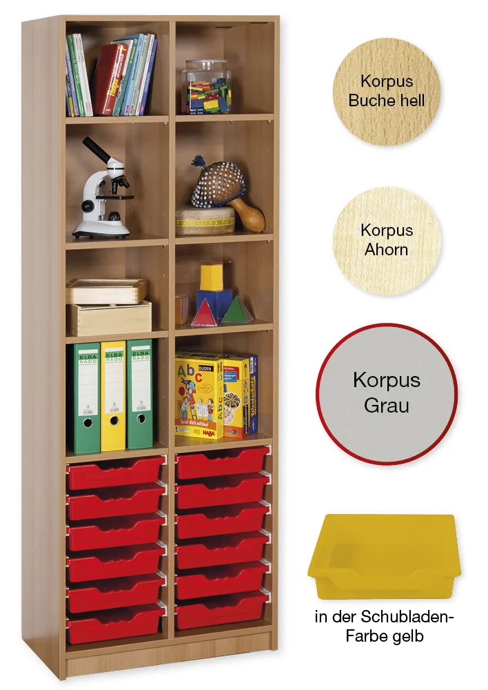 Material-Hochschrank-Regal S, Basistiefe, 8 Fachböden, 12 Schubladen L