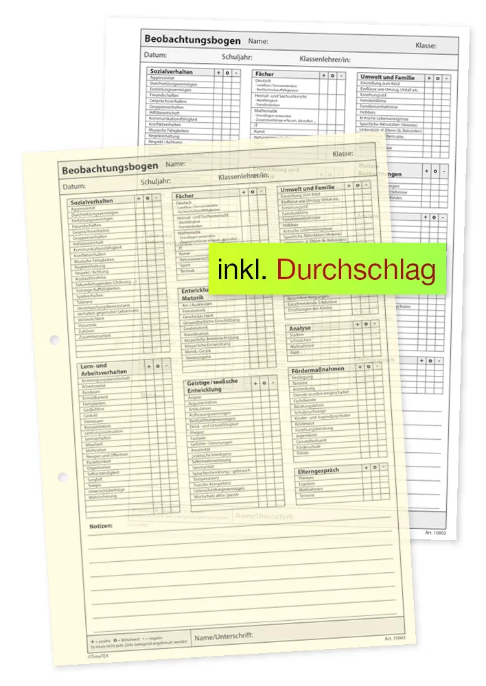 TimeTEX Block Schüler-Beobachtung A4, 30 Blatt mit Durchschlag