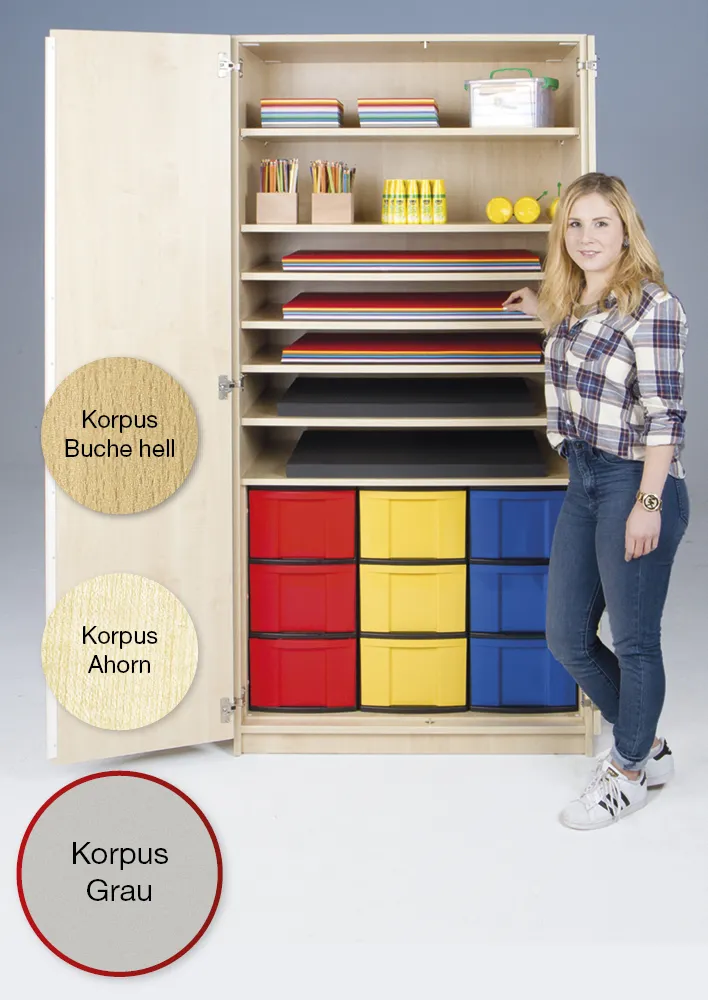 Material-Hochschrank M, Extratiefe, 7 Fachböden, 9 Boxen XL