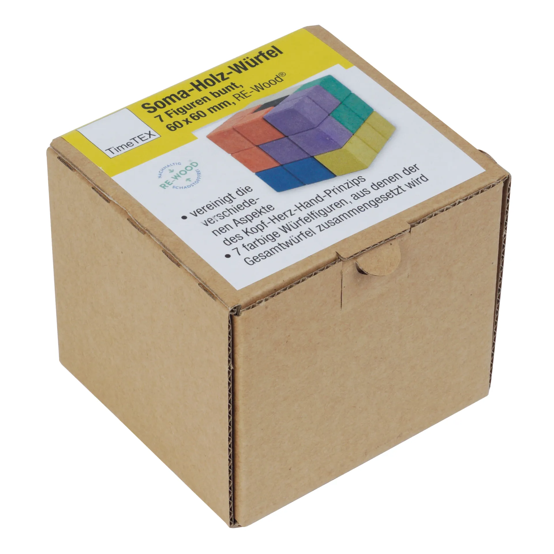 Soma-Holz-Würfel 60x60 mm, 7 Figuren bunt in Box