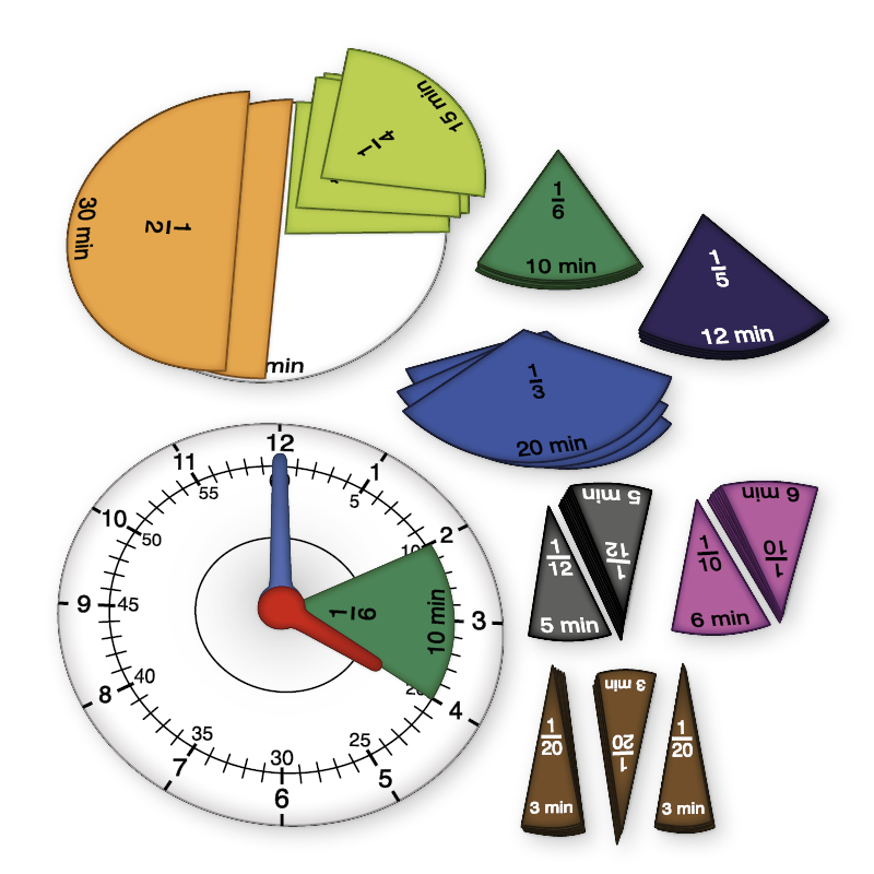 Zeit- und Bruchrechen-Uhr magnetisch, 67-tlg., Rechnen mit Zeit, Mathematik, Lehrmittel - Grundschule, Schule